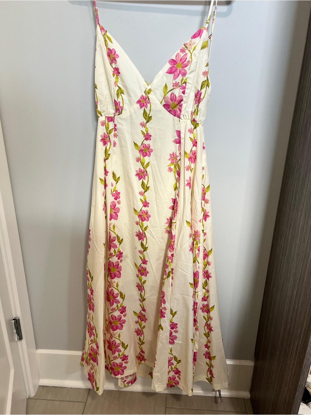 HYFVE Cream Maxi Dress with Pink Floral Stripes Size L NWT